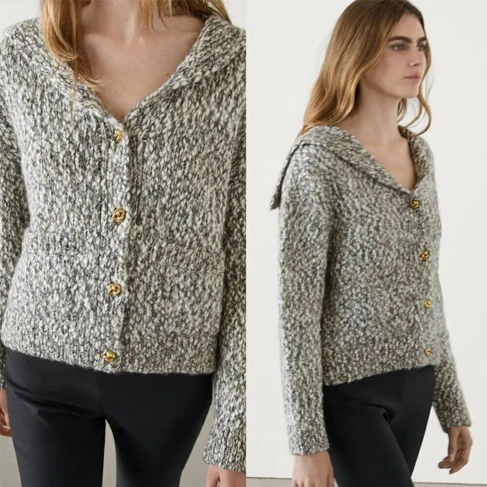Massimo Dutti Women Cardigan Sweater XS Gray Knitted Twisted Yarn 5710/627 NWT